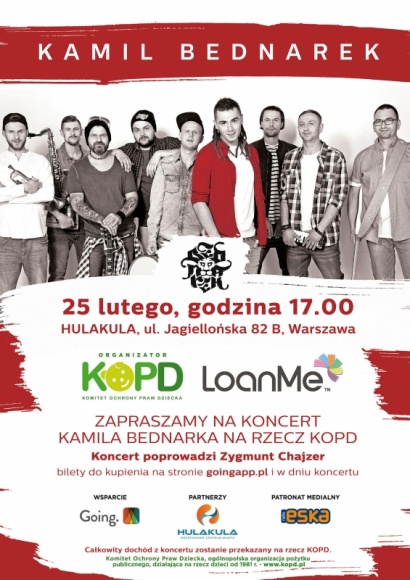 Kamil Bednarek dla dzieci - LoanMe współorganizatorem koncertu Gwiazdy, LIFESTYLE - Komitet Ochrony Praw Dziecka (KOPD) z pomocą firmy LoanMe organizuje koncert na rzecz podopiecznych Komitetu, na którym zagra Kamil Bednarek wraz z zespołem. Całkowity dochód koncertu zostanie przekazany na cele statutowe KOPD.