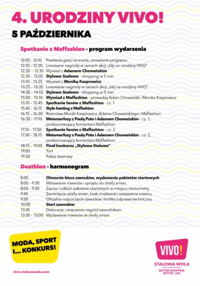 4. urodziny VIVO! Stalowa Wola juÅ¼ w najbliÅ¼szÄ… sobotÄ™! Gwiazdy, LIFESTYLE - JuÅ¼ w najbliÅ¼szÄ… sobotÄ™, 5 paÅºdziernika, VIVO! Stalowa Wola bÄ™dzie Å›wiÄ™towaÄ‡ swoje 4. urodziny. Z tej okazji centrum handlowe przygotowaÅ‚o dla swoich klientÃ³w szereg interesujÄ…cych aktywnoÅ›ci i wydarzeÅ„ m.in.: modowe spotkanie z Maffashion.